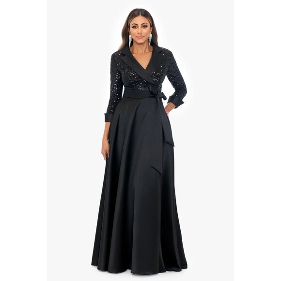 XSCAPE JONNA SEQUIN TUXEDO BODICE AND SATIN SKIRT MAXI DRESS 12 WOMENS ($300) - Picture 1 of 8